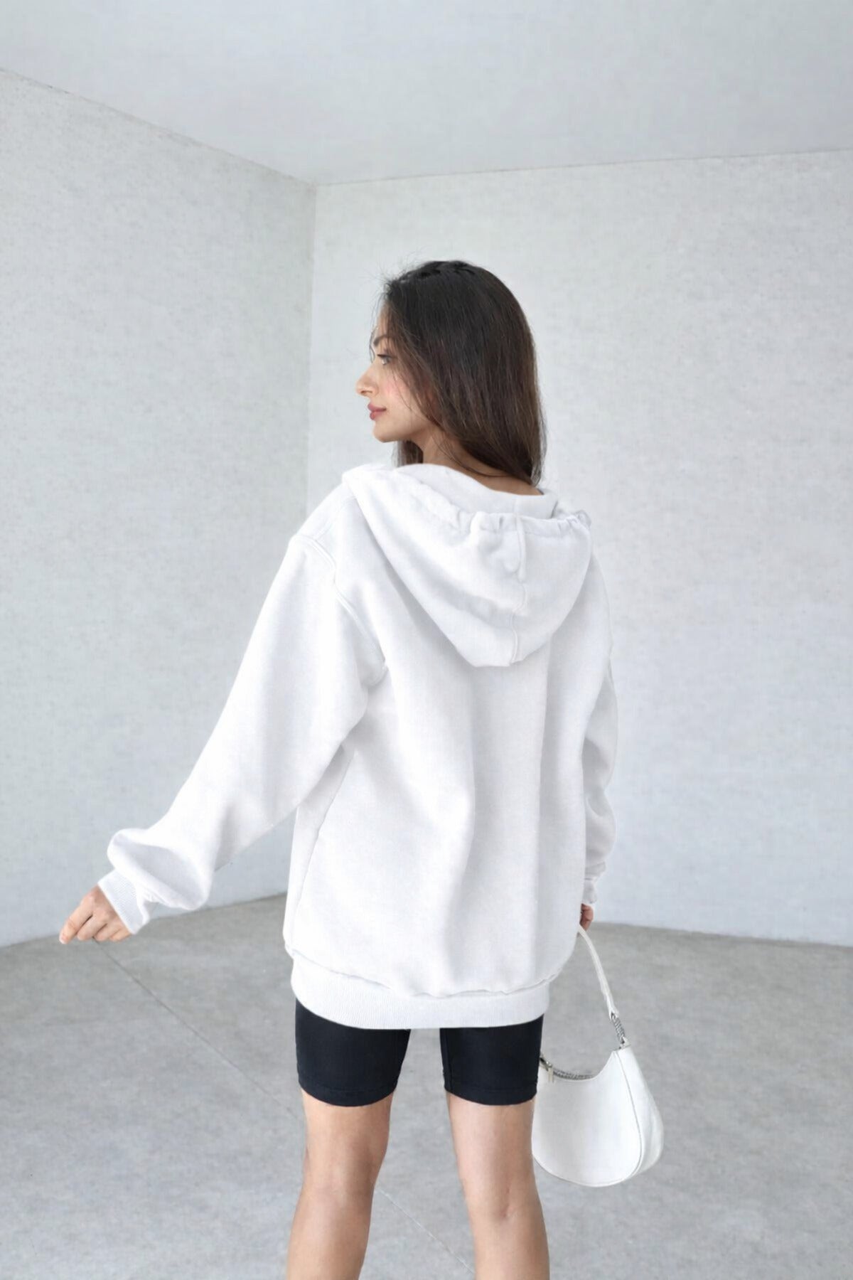 Kadın 3 İ̇plik Oversize Kapüşonlu Fermuarlı Hırka Sweatshirt - Beyaz - 2