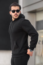 Erkek Bol Kesim Oversize 3 İ̇plik İ̇çi Pamuklu Şardonlu Kanguru Cep Kapşonlu Kışlık Hoodie Sweatshirt - Siyah - 2
