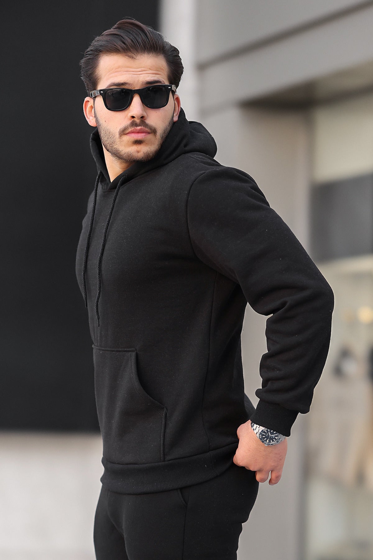 Erkek Bol Kesim Oversize 3 İ̇plik İ̇çi Pamuklu Şardonlu Kanguru Cep Kapşonlu Kışlık Hoodie Sweatshirt - Siyah - 2