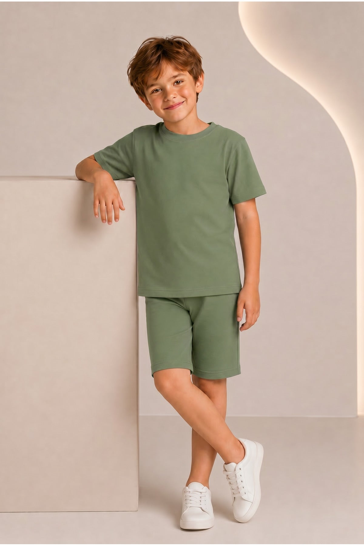 Çocuk Kısa Kollu Baskısız Basic Oversıze Geniş Kalıp Beli Bağlamalı Esnek 1-10 Yaş Arası Yaz Sezonu Sportif T-shirt / Şort Takım - Yeşil - 3