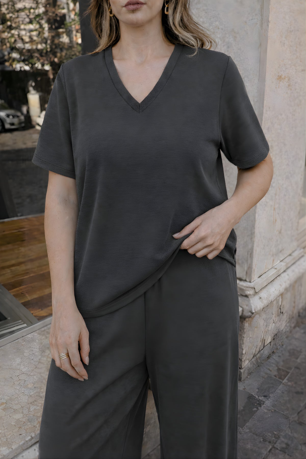 Kadın Siyah Salaş Rahat Modal Kumaş Oversize Eşofman Takımı - Füme - 3