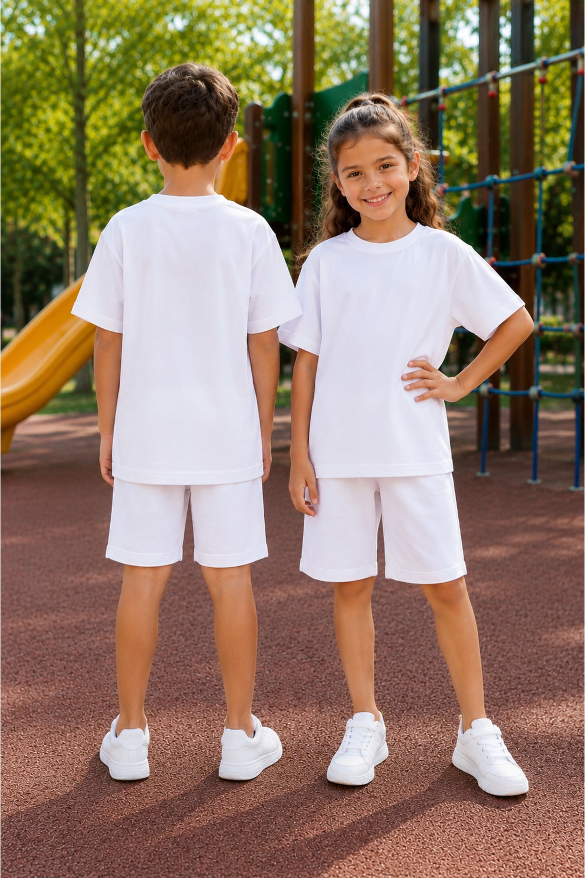 Unisex Kiz Erkek Çocuk Kisa Kollu Şort Alt Üst Takim (tekli̇) - Beyaz - 3