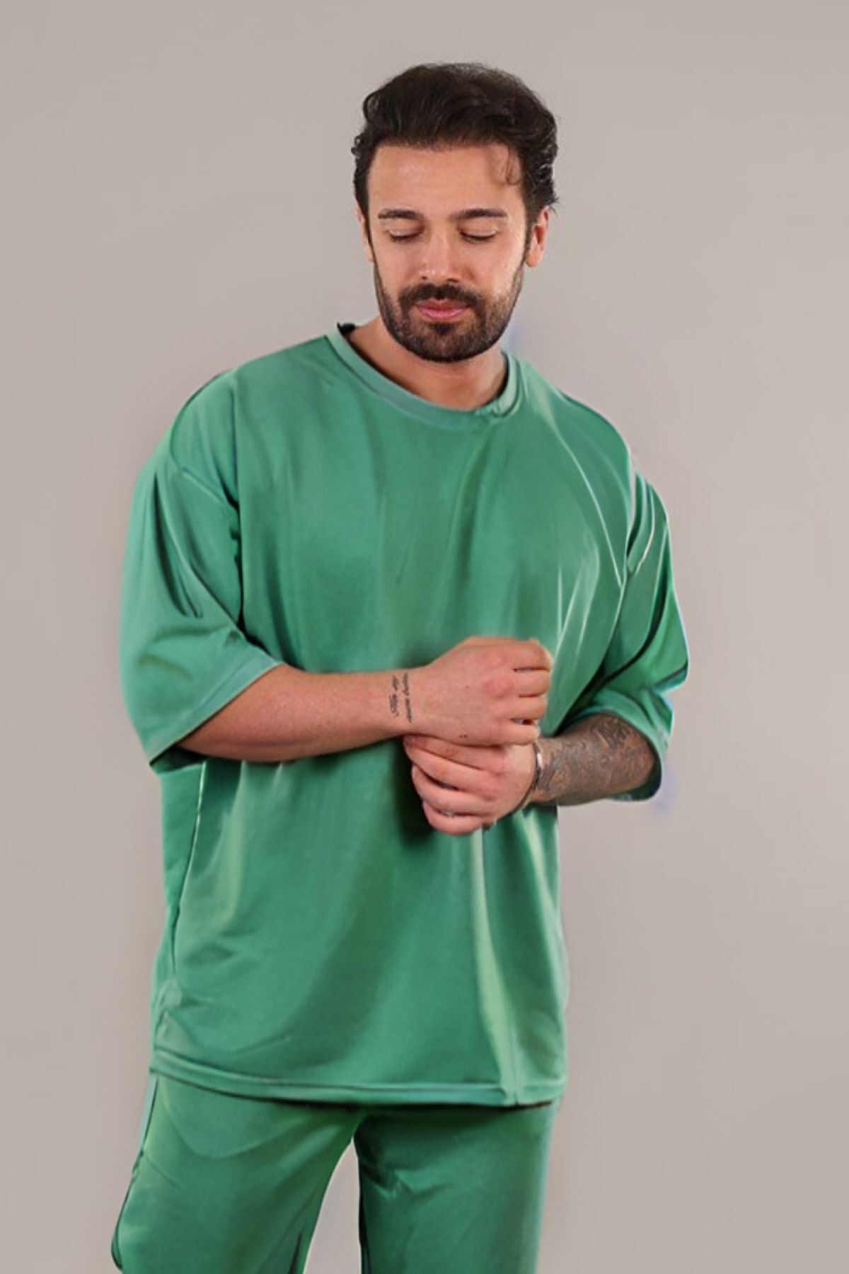 Erkek Oversize Comfort Penye T-shirt - Yeşil - 1
