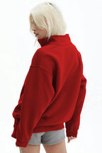 Kadın Yarım Fermuar Dik Yaka Uzun Kollu 3 İ̇plik Sweatshirt - Kırmızı - 3