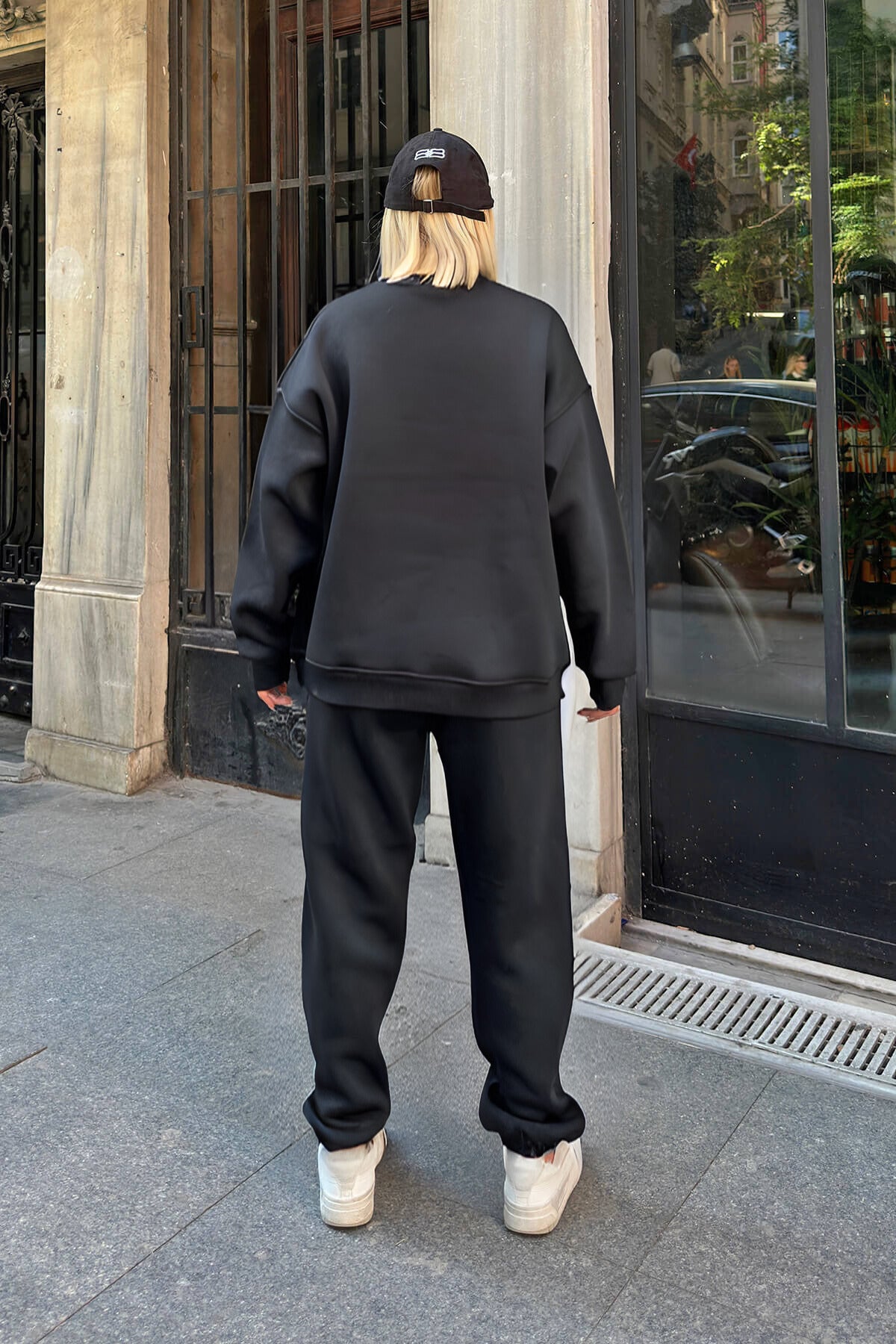 Kadın Oversize Puf Geniş Kalıp Basic Pamuklu Mevsimlik Rahat Eşofman Takımı - Füme - 3