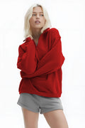 Kadın Yarım Fermuar Dik Yaka Uzun Kollu 3 İ̇plik Sweatshirt - Kırmızı - 1
