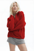 Kadın Yarım Fermuar Dik Yaka Uzun Kollu 3 İ̇plik Sweatshirt - Kırmızı - 1