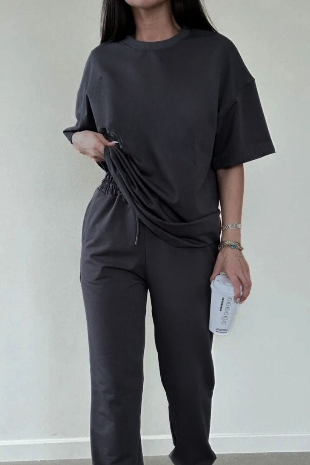 Kadın Penye Rahat Oversize Pijama Takımı - ANTRASİT MELANJ - 1