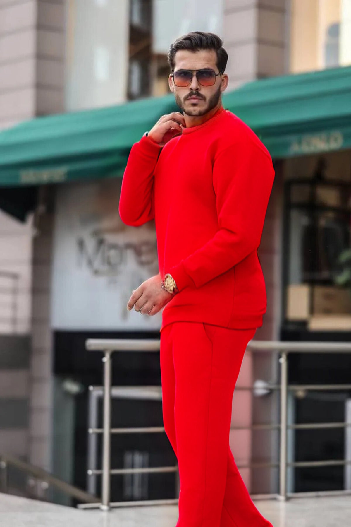 Kalın Bisiklet Yaka Paçası Lastikli Eşofman Takımı - Kırmızı - 3