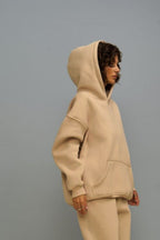 Kadın 3 İ̇plik İ̇çi Pamuklu Kanguru Cep Regular İ̇çi Pamuklu Oversize Sweatshirt - Vizon - 2