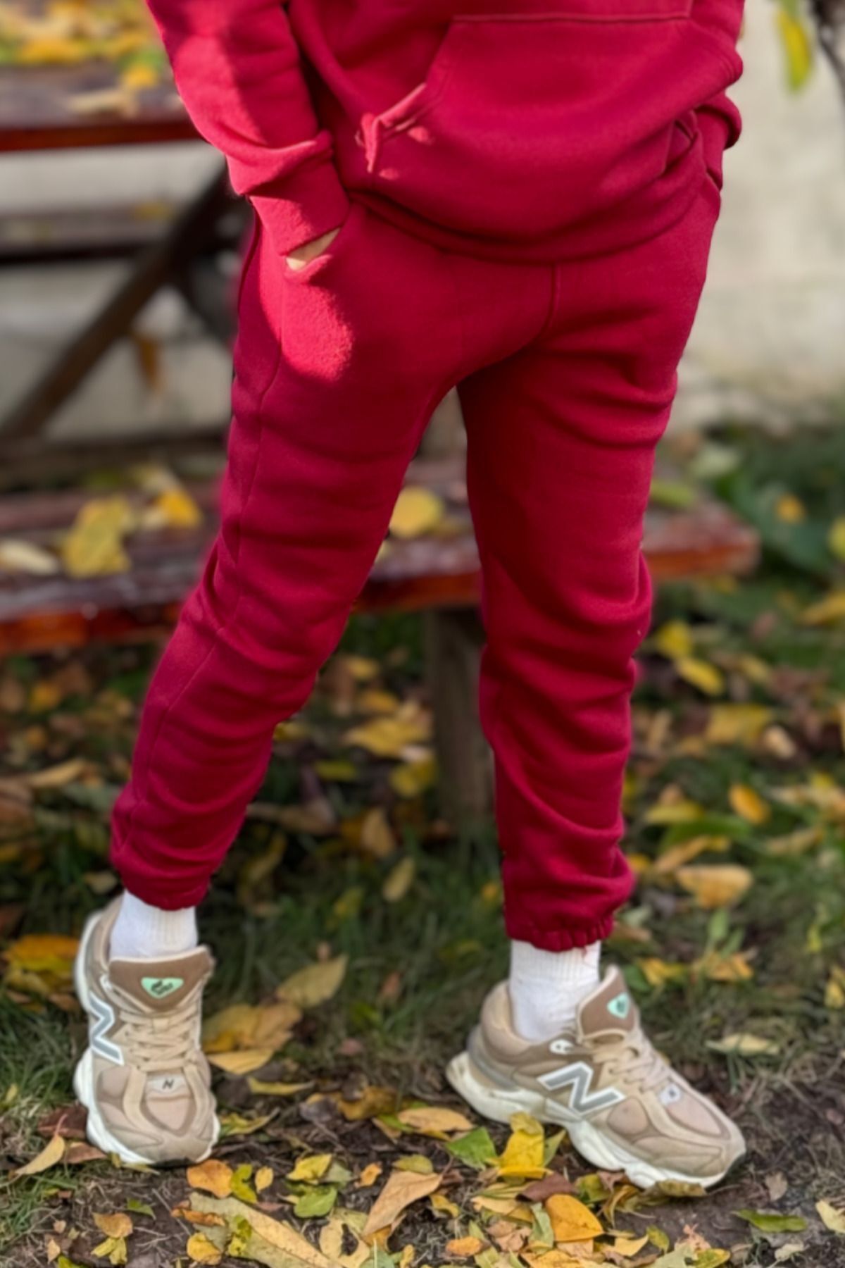 Erkek Beli Lastikli Cepli 3 İ̇plik Eşofman Altı Jogger - Bordo - 1