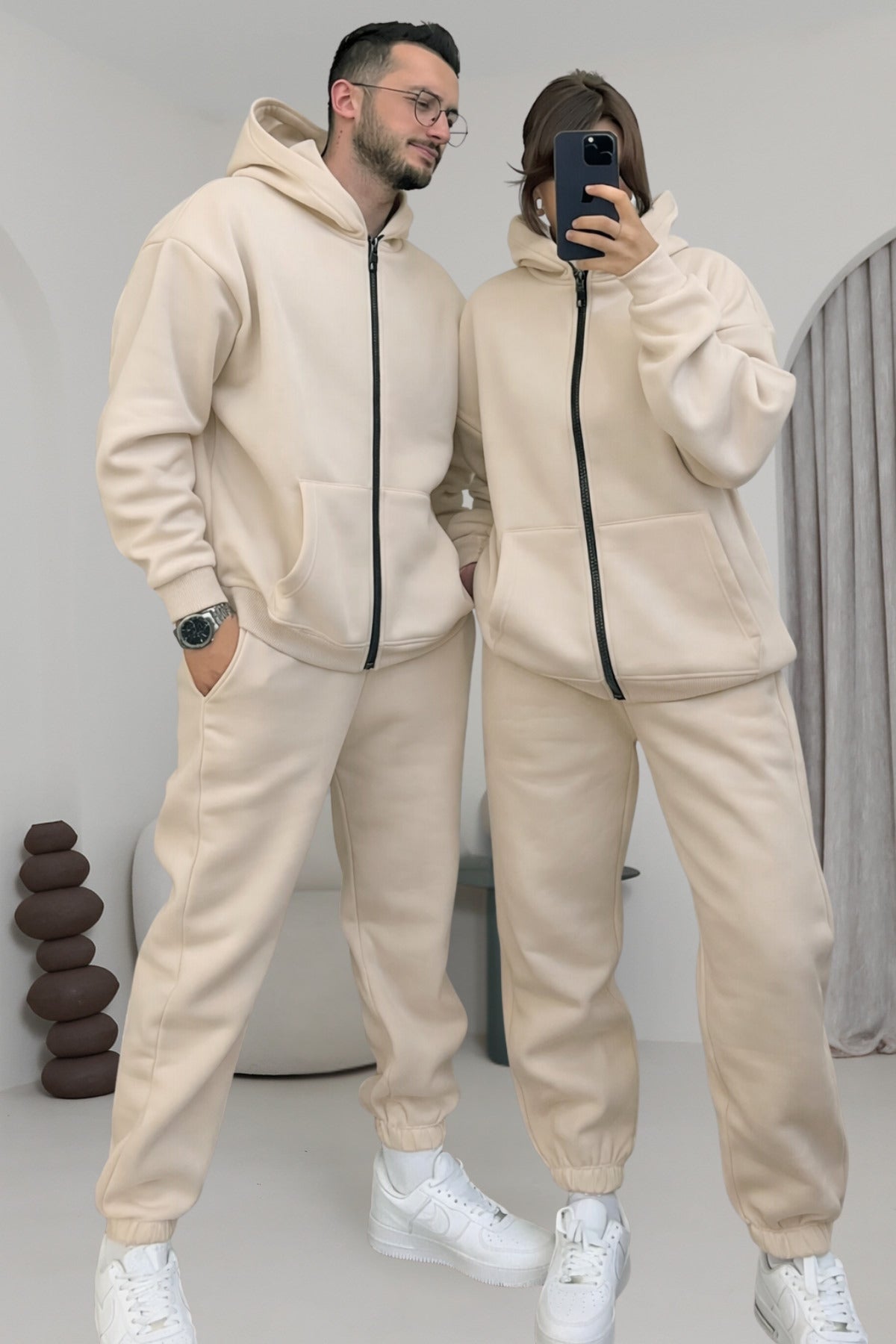 Çiftlere Özel Basic Oversize Kapşonlu Eşofman Takımı - Bej - 1