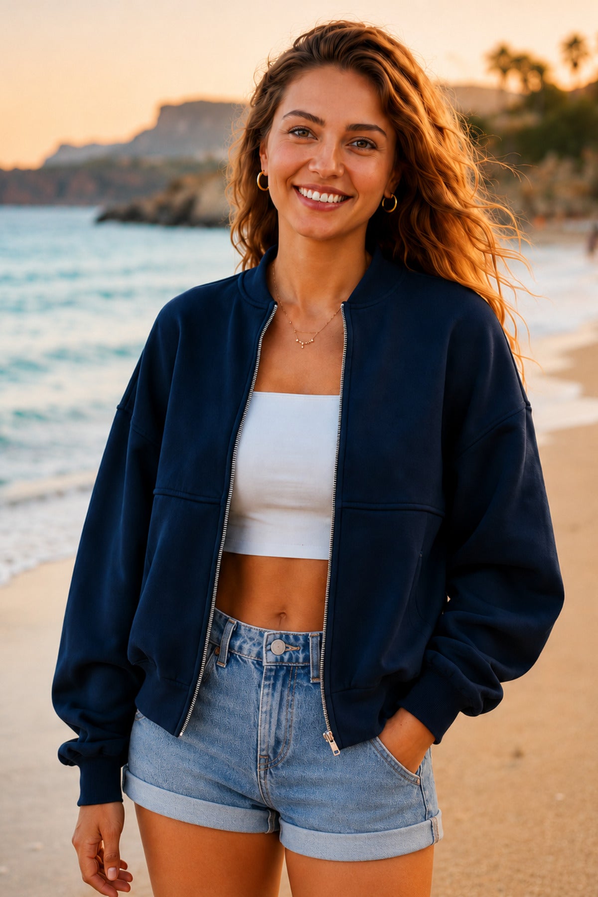 Kadın Oversize Fermuarlı Çıma Desenli Yeni Sezon Trend Bomber Ceket - Lacivert - 1