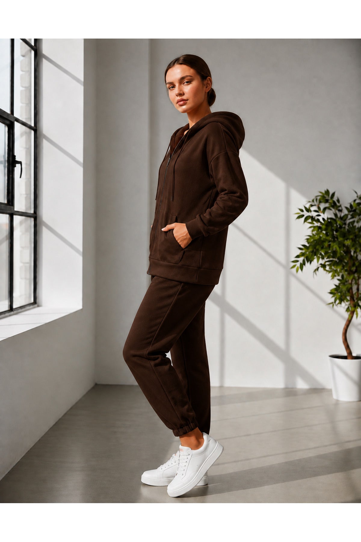 Kadin 3 İ̇pli̇ş Kapüşonlu Fermuarli Sweatshirt Hirka Yüksek Bel Jogger Eşofman Takimi - Kahverengi - 3