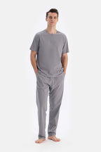 Erkek Kısa Kollu Pijama Takımı Oversize Bisiklet Yaka - Gri - 1