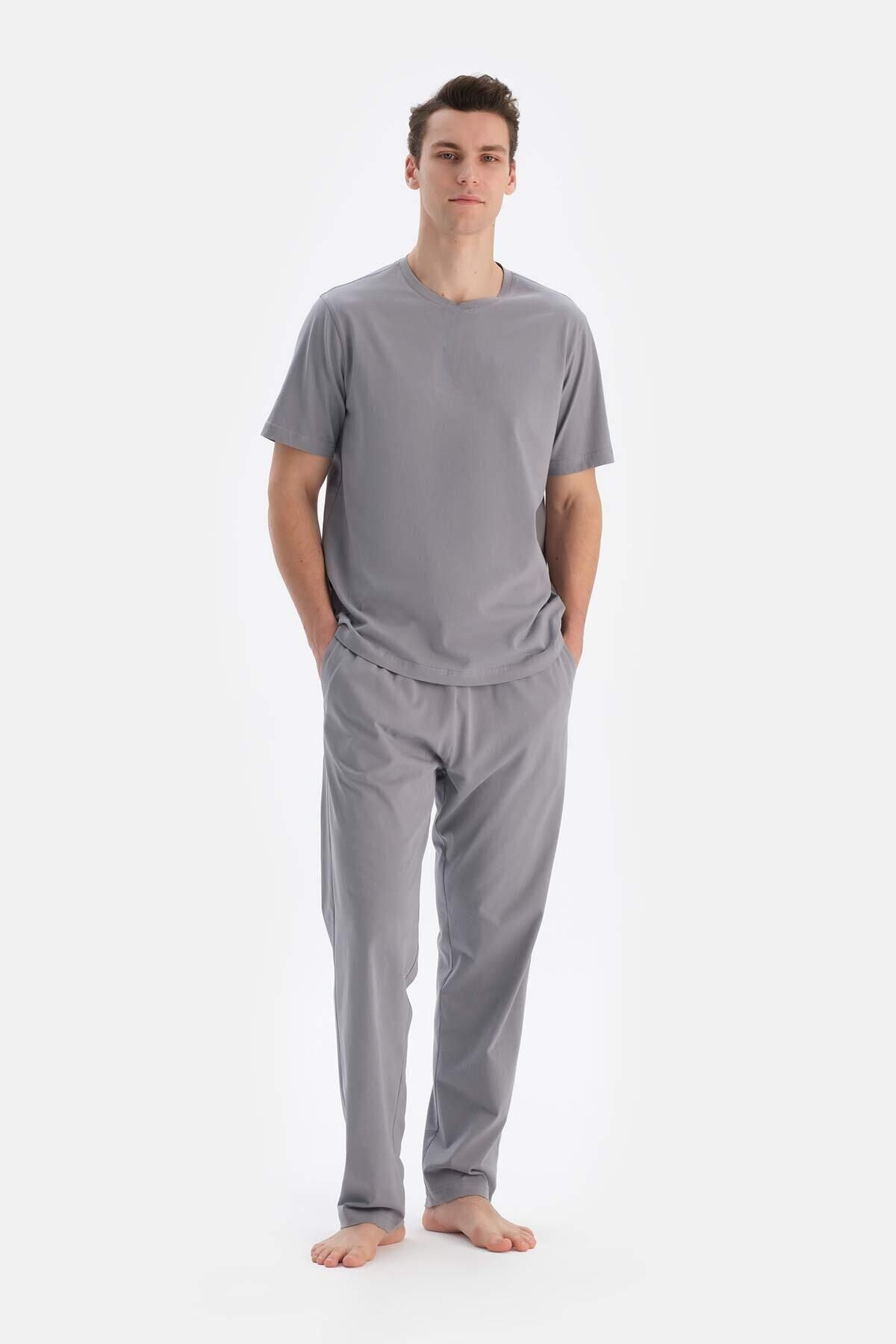 Erkek Kısa Kollu Pijama Takımı Oversize Bisiklet Yaka - Gri - 1