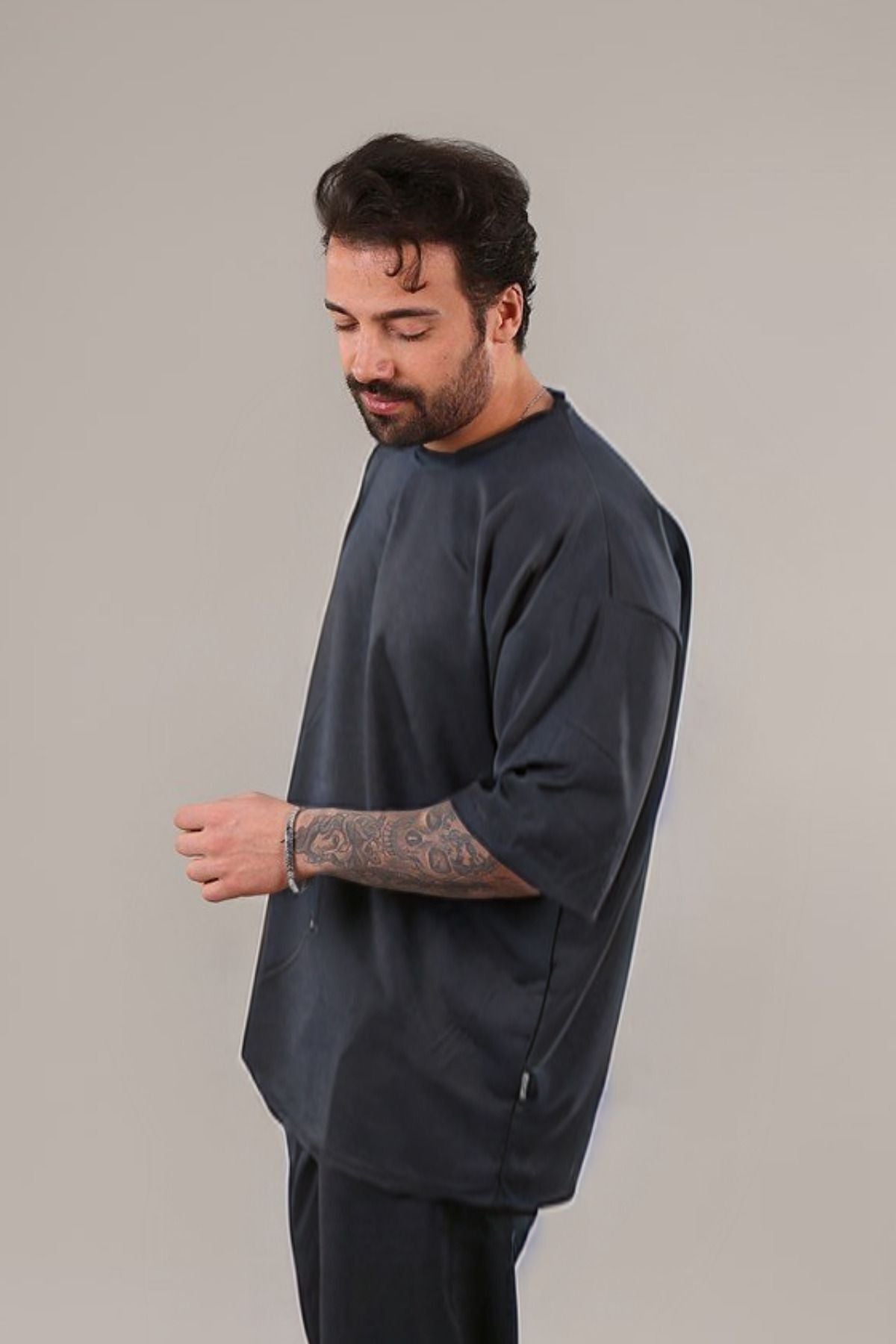 Erkek Oversize Comfort Penye T-shirt - Füme - 3
