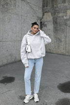 Kadin Gri̇melanj 3 İ̇pli̇k Oversi̇ze Rahat Günlük Yumuşak Kapüşonlu Sweatshirt - Gri Melanj - 3