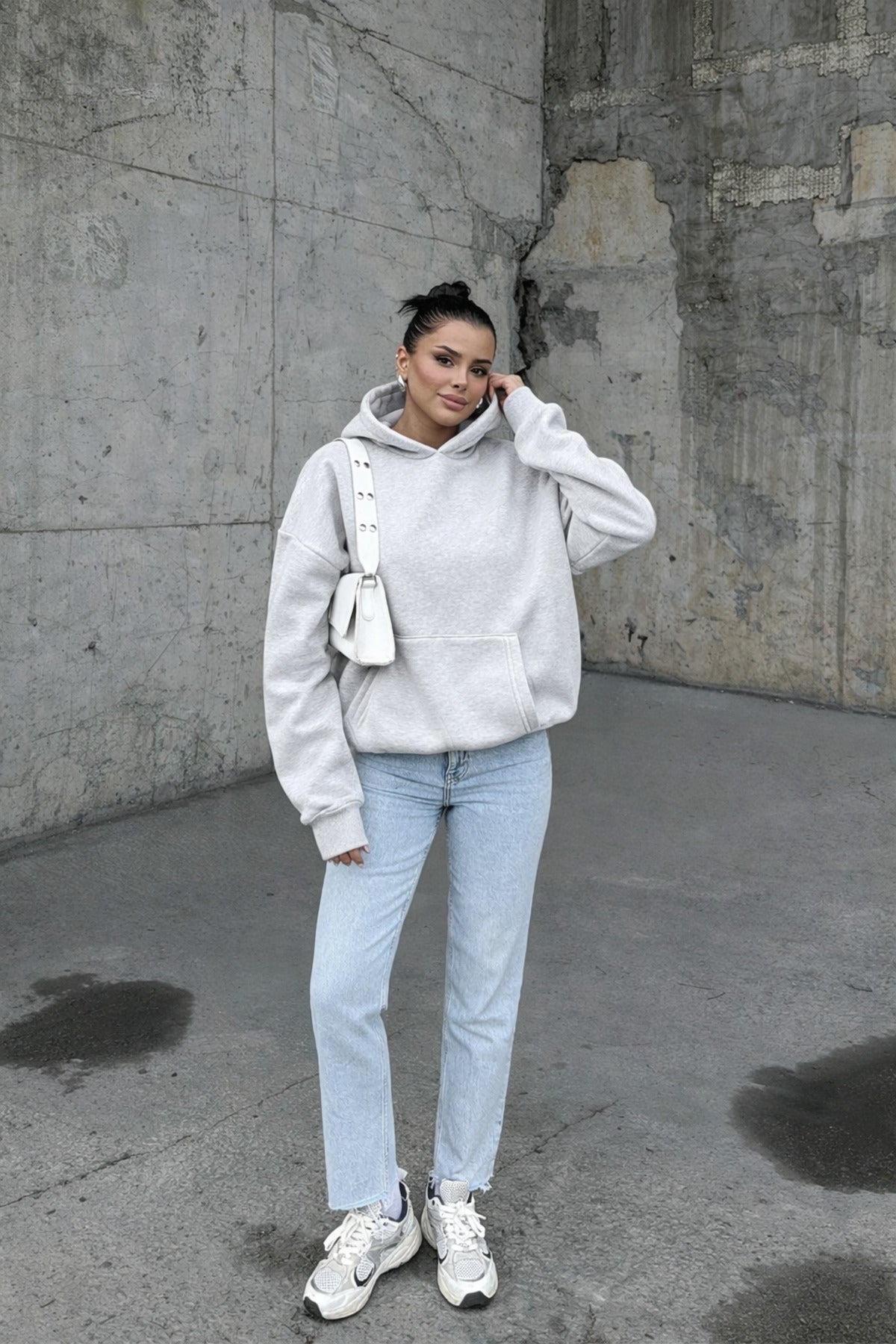 Kadin Gri̇melanj 3 İ̇pli̇k Oversi̇ze Rahat Günlük Yumuşak Kapüşonlu Sweatshirt - Gri Melanj - 3