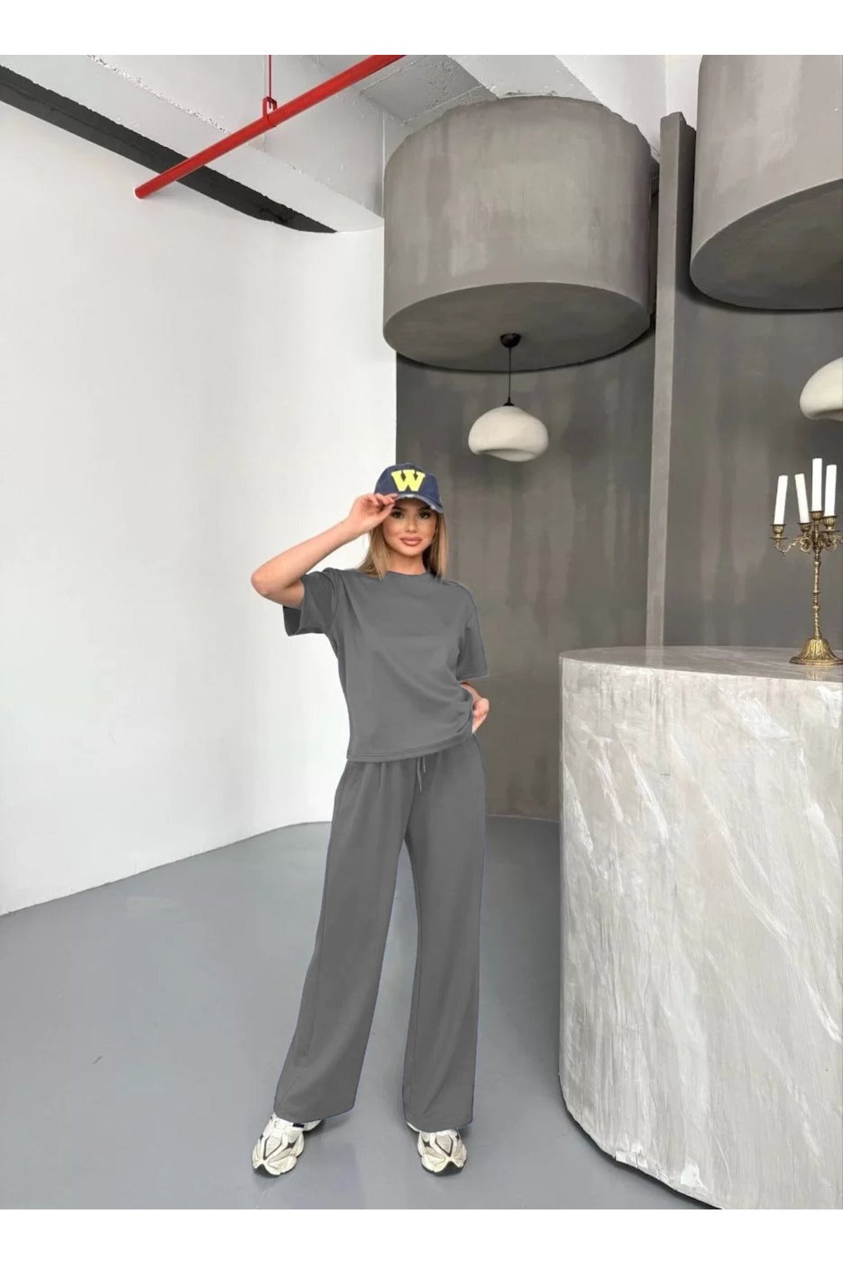 Kadın Modal Oversize Bol Paça Yüksek Bel 2 İ̇plik Alt Üst Takım - Gri - 1