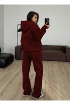 Kadın Boyfriend 3 İplik Şardonlu Bol Paça Oversize Casual Takım - Bordo - 2