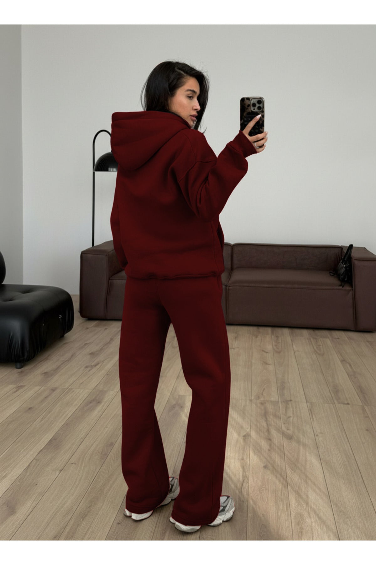 Kadın Boyfriend 3 İplik Şardonlu Bol Paça Oversize Casual Takım - Bordo - 2
