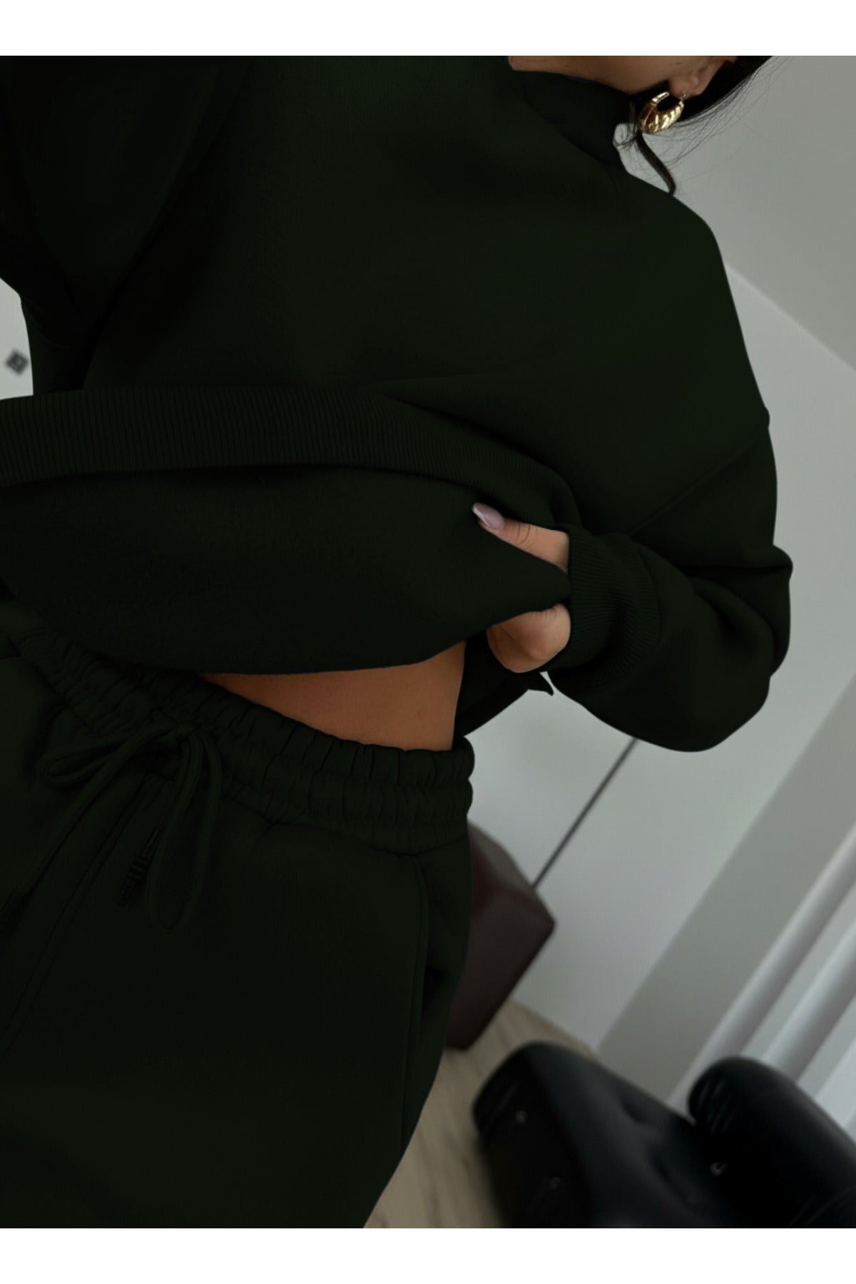 Kadın Boyfriend 3 İplik Şardonlu Bol Paça Oversize Casual Takım - Koyu Yeşil - 4