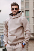 Erkek Bol Kesim Oversize 3 İ̇plik İ̇çi Pamuklu Şardonlu Kanguru Cep Kapşonlu Kışlık Hoodie Sweatshirt - Bej - 1