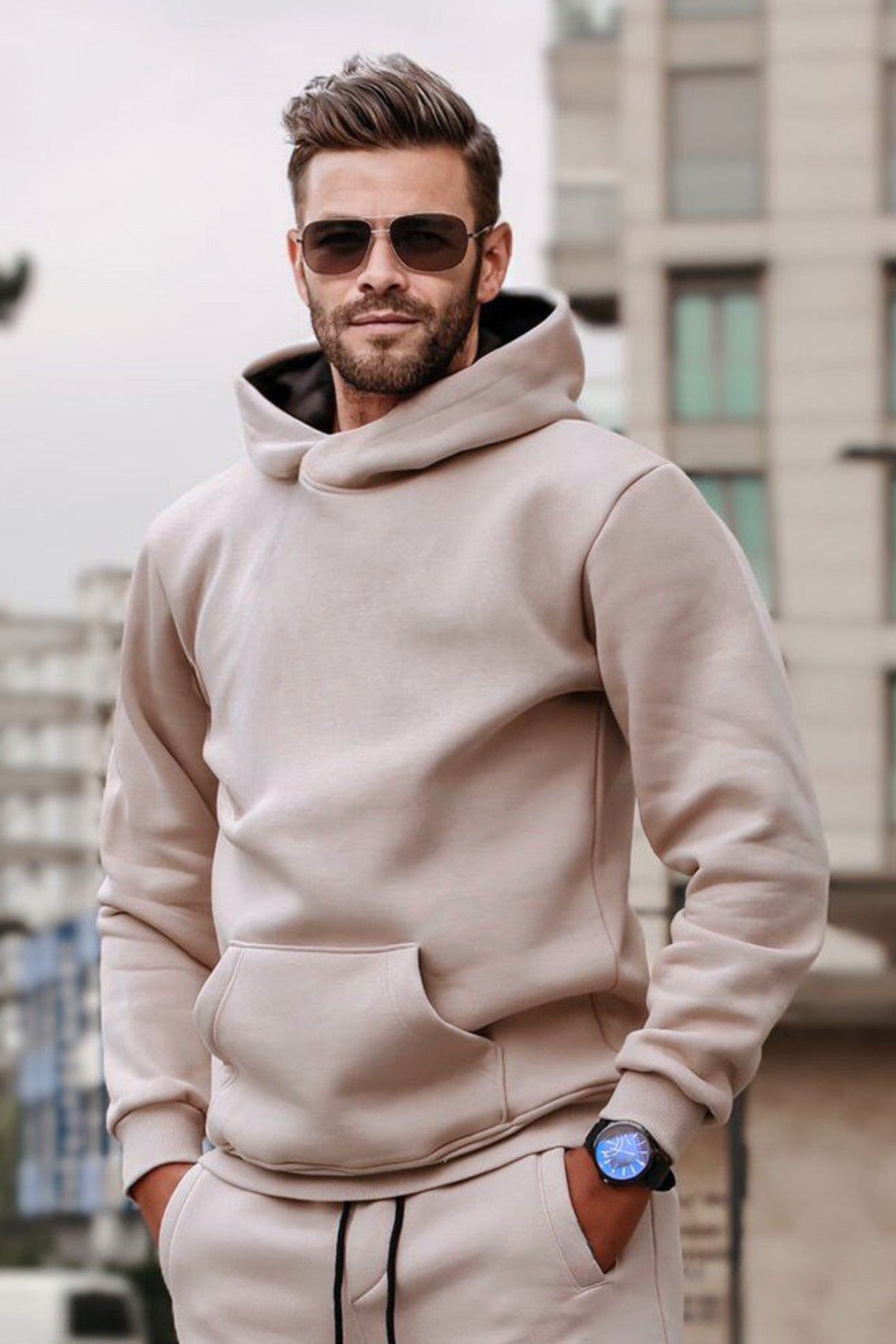 Erkek Bol Kesim Oversize 3 İ̇plik İ̇çi Pamuklu Şardonlu Kanguru Cep Kapşonlu Kışlık Hoodie Sweatshirt - Bej - 1