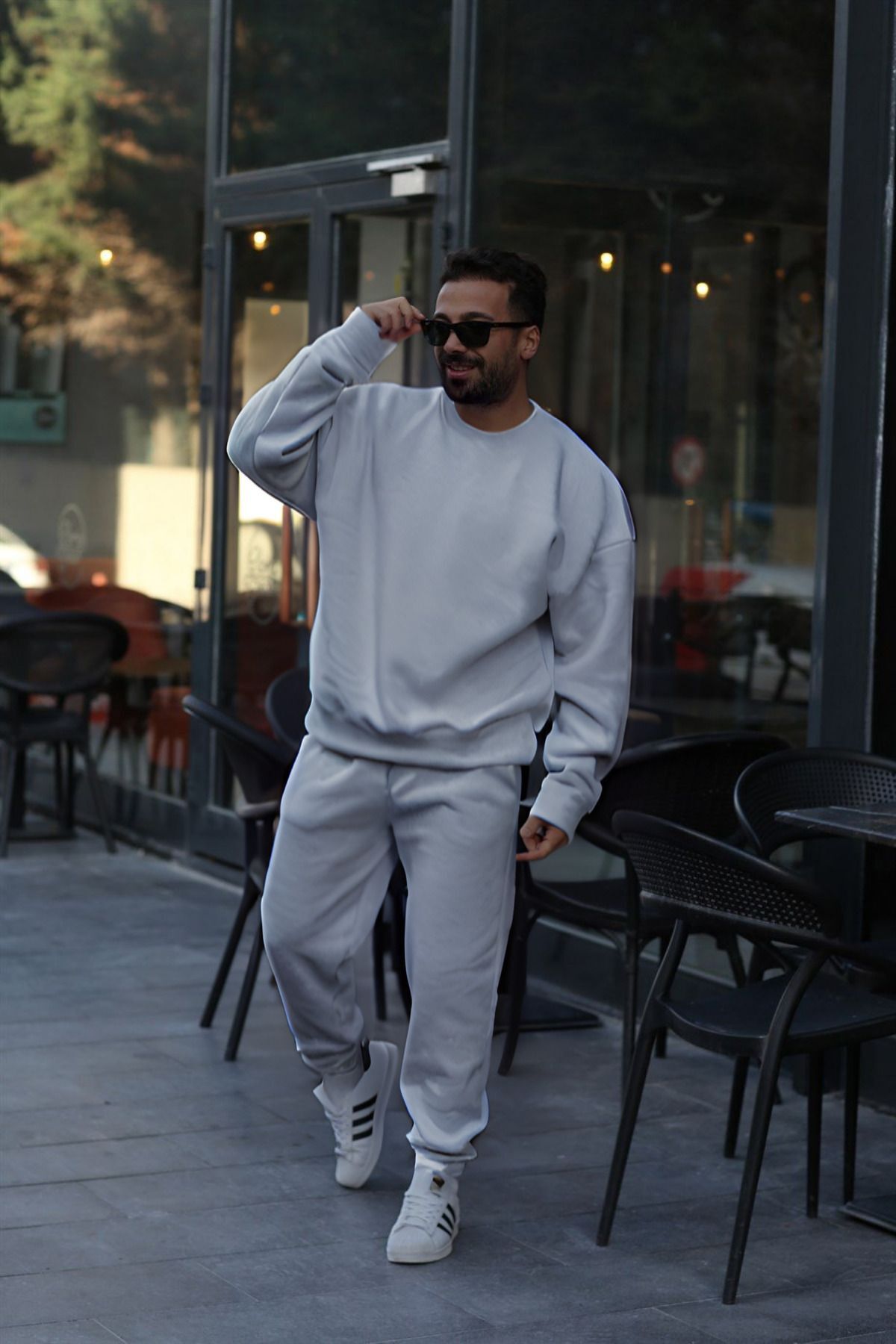 Erkek Unisex 3 İ̇plik Gri̇ Takim Bisiklet Yaka Sweatshirt Ve Eşofman Altı - Gri - 4