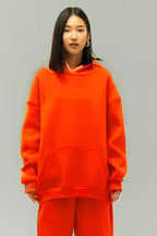 Kadın Rahat Oversize 3 İ̇plik Pamuklu Şardonlu Kanguru Cep Kapşonlu Sweatshirt - Turuncu - 3