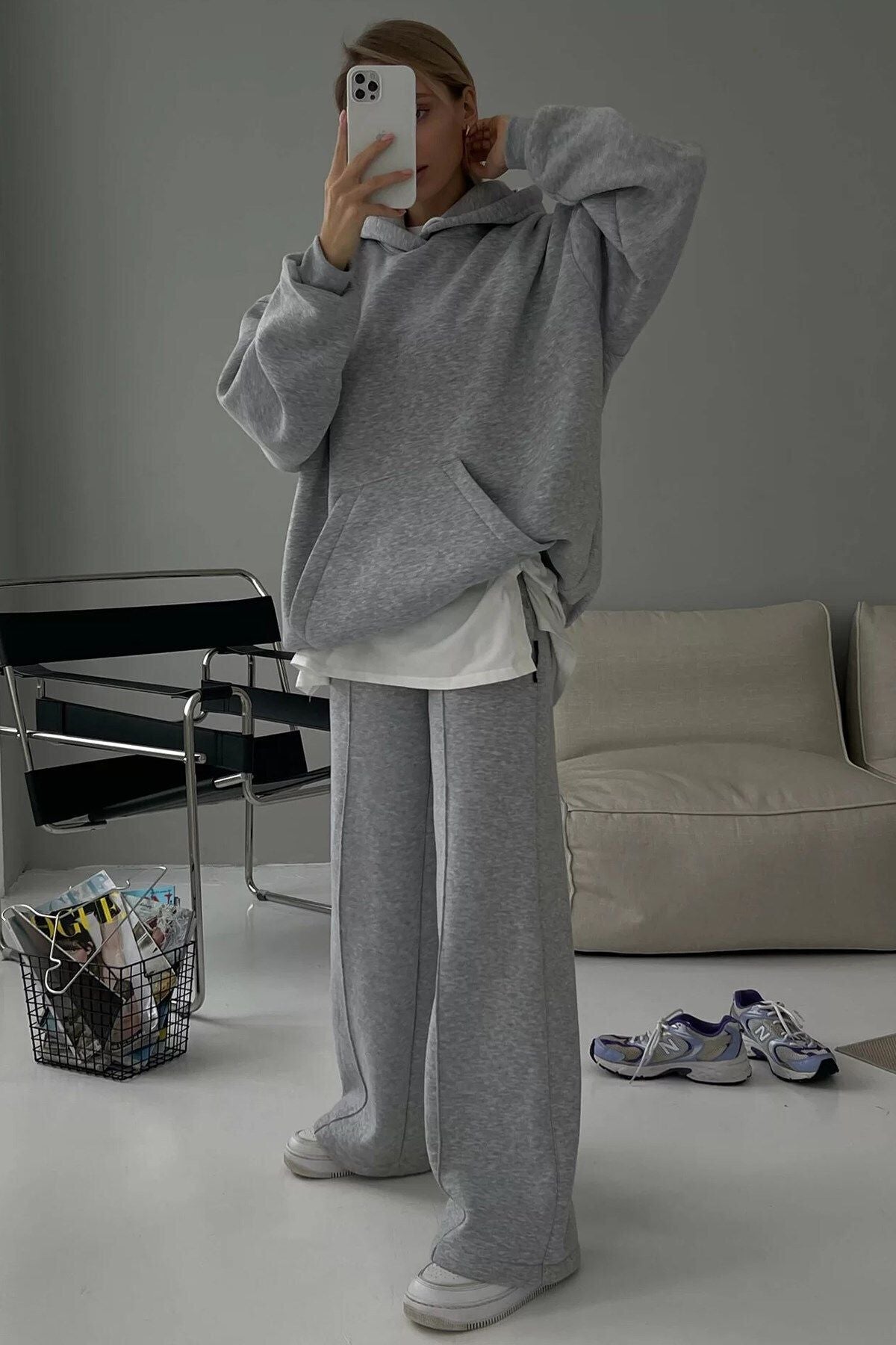 Kadın Gri Melanj Kapüşonlu Şardonlu Oversize Hoodie Sweatshirt Ob - Gray/Gri - 5