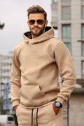 Erkek Bol Kesim Oversize 3 İ̇plik İ̇çi Pamuklu Şardonlu Kanguru Cep Kapşonlu Kışlık Hoodie Sweatshirt - Vizon - 1