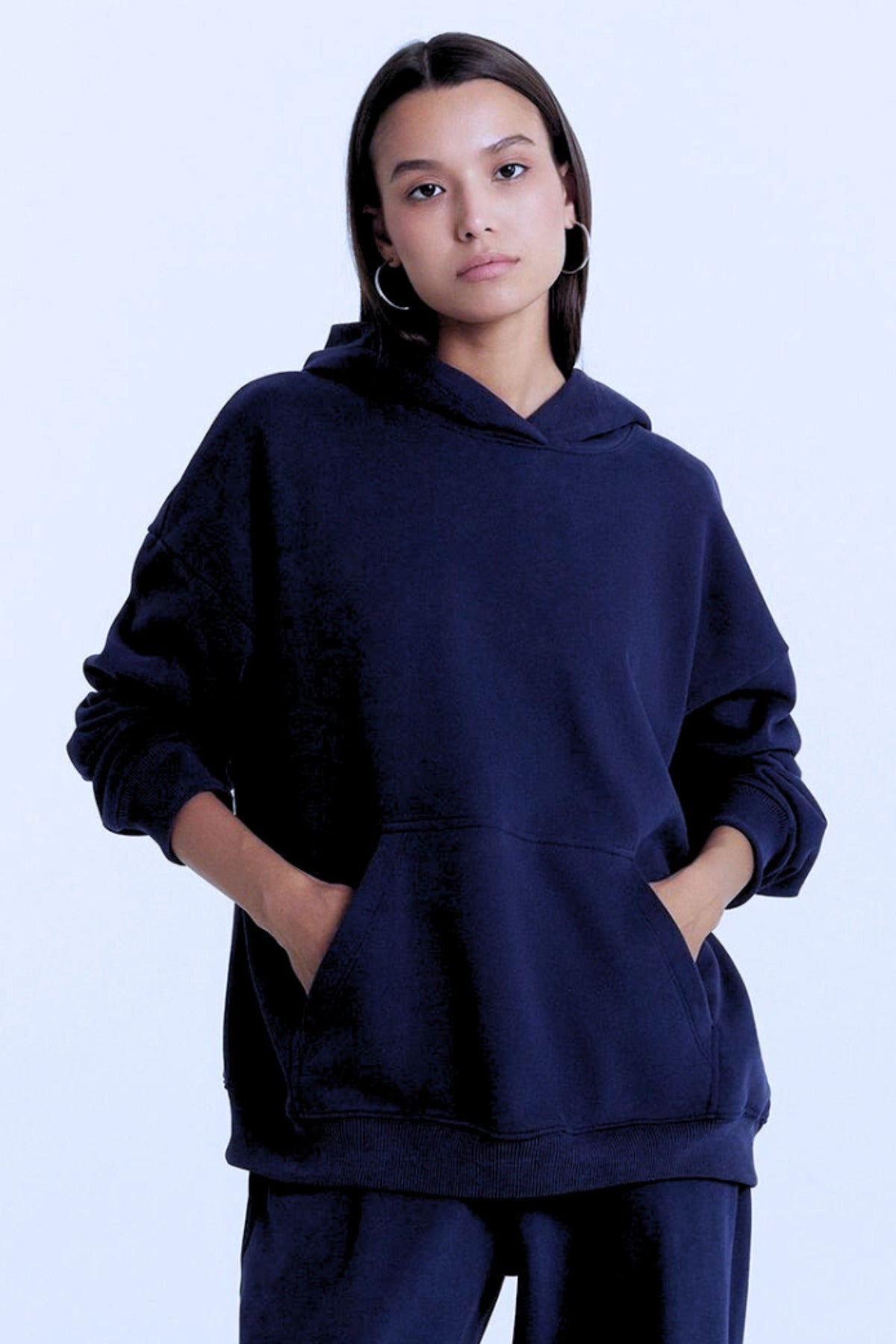 Kadın Baskısız Düz İ̇çi Şardonlu Kalın Kışlık Sweatshirt - Lacivert - 3