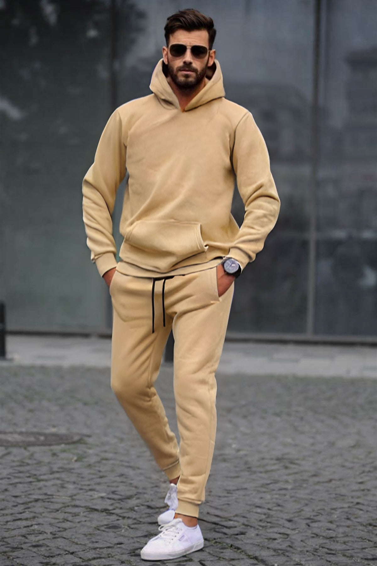 Erkek Oversize 3i̇plik Şardonlu Eşofman Takımı - Vizon - 2