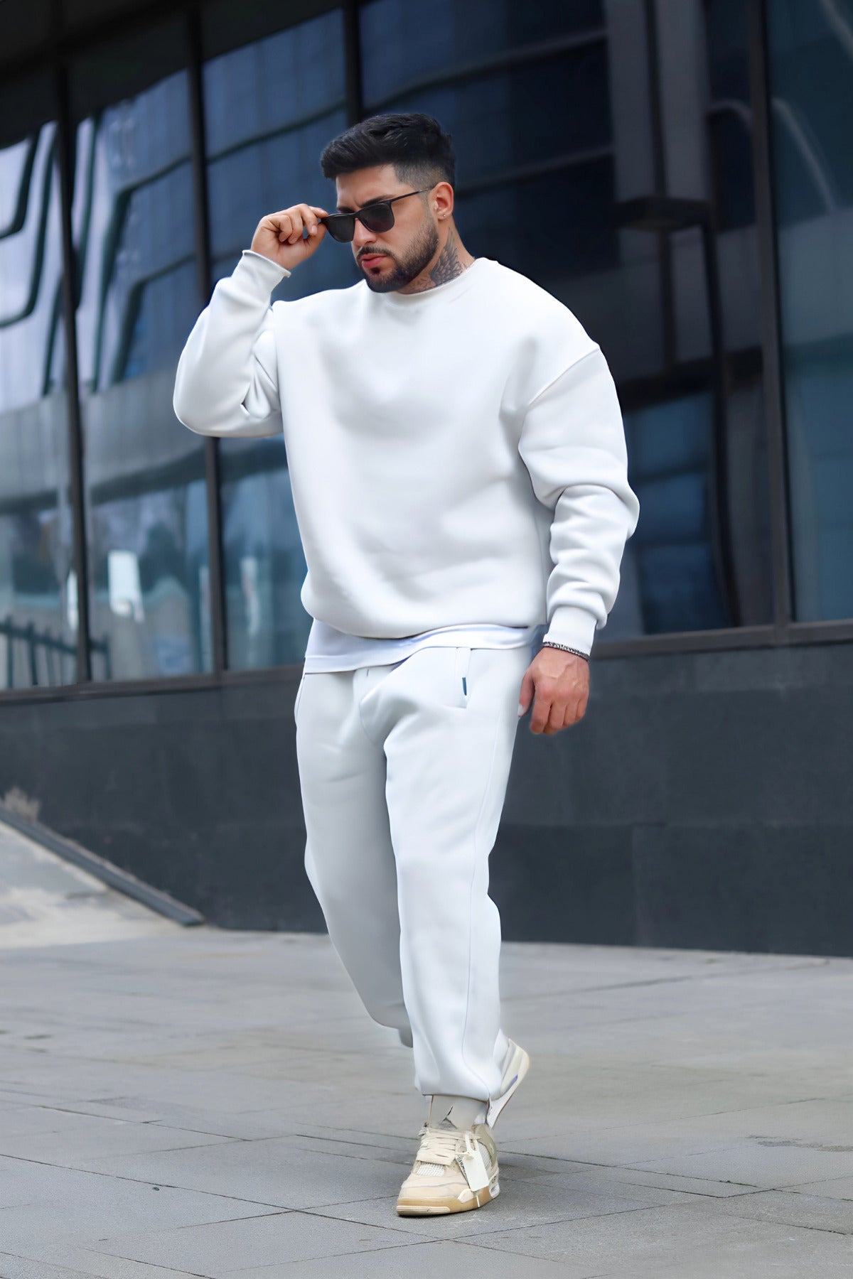 Oversize Pamuklu Kalın Bisikletyaka Eşofman Takımı - Beyaz - 1