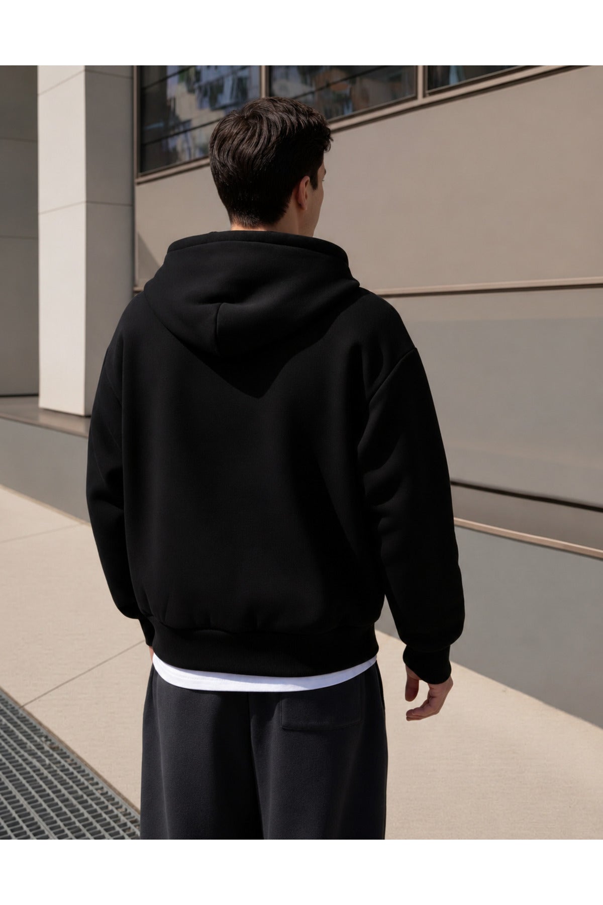 Erkek 3 İ̇pli̇k Fermuarli Kapüşonlu Oversi̇ze Rahat Sweatshirt Hirka - Siyah - 3