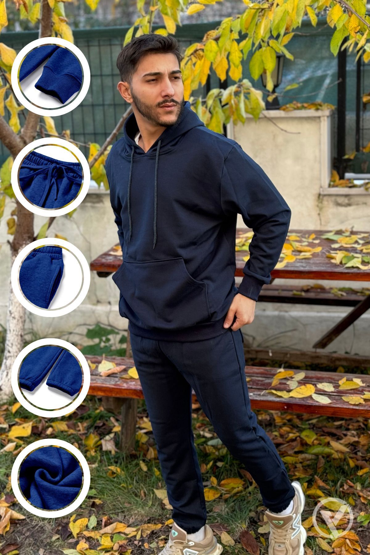 Ob Comfort Kapşonlu Kanguru Cep Oversize Lastik Paça Lacivert Eşofman Takımı - Lacivert - 1