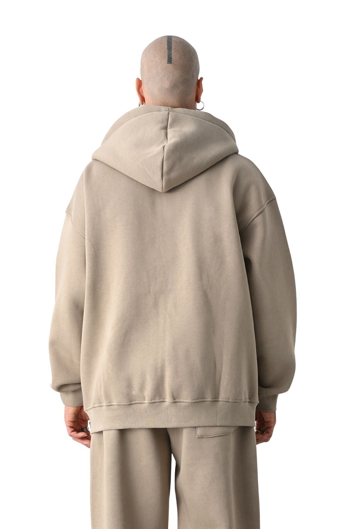 Erkek Basic Bej Unisex Tam Fermuar Sweatshirt Hırka - Bej - 3