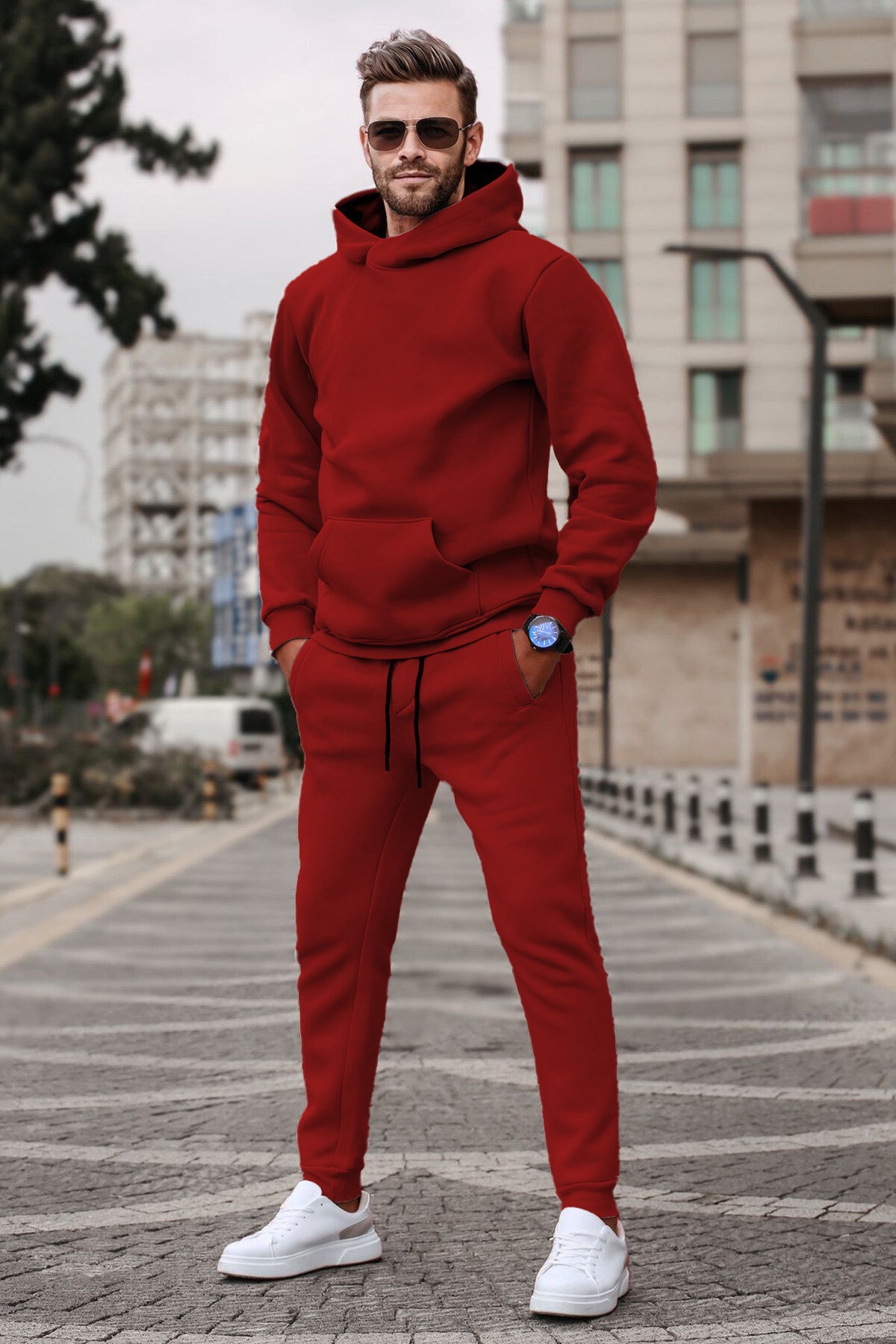 Erkek Oversize 3 İplik Kangur Cep Şardonlu Kapşonlu Eşofman Takımı - Bordo - 1