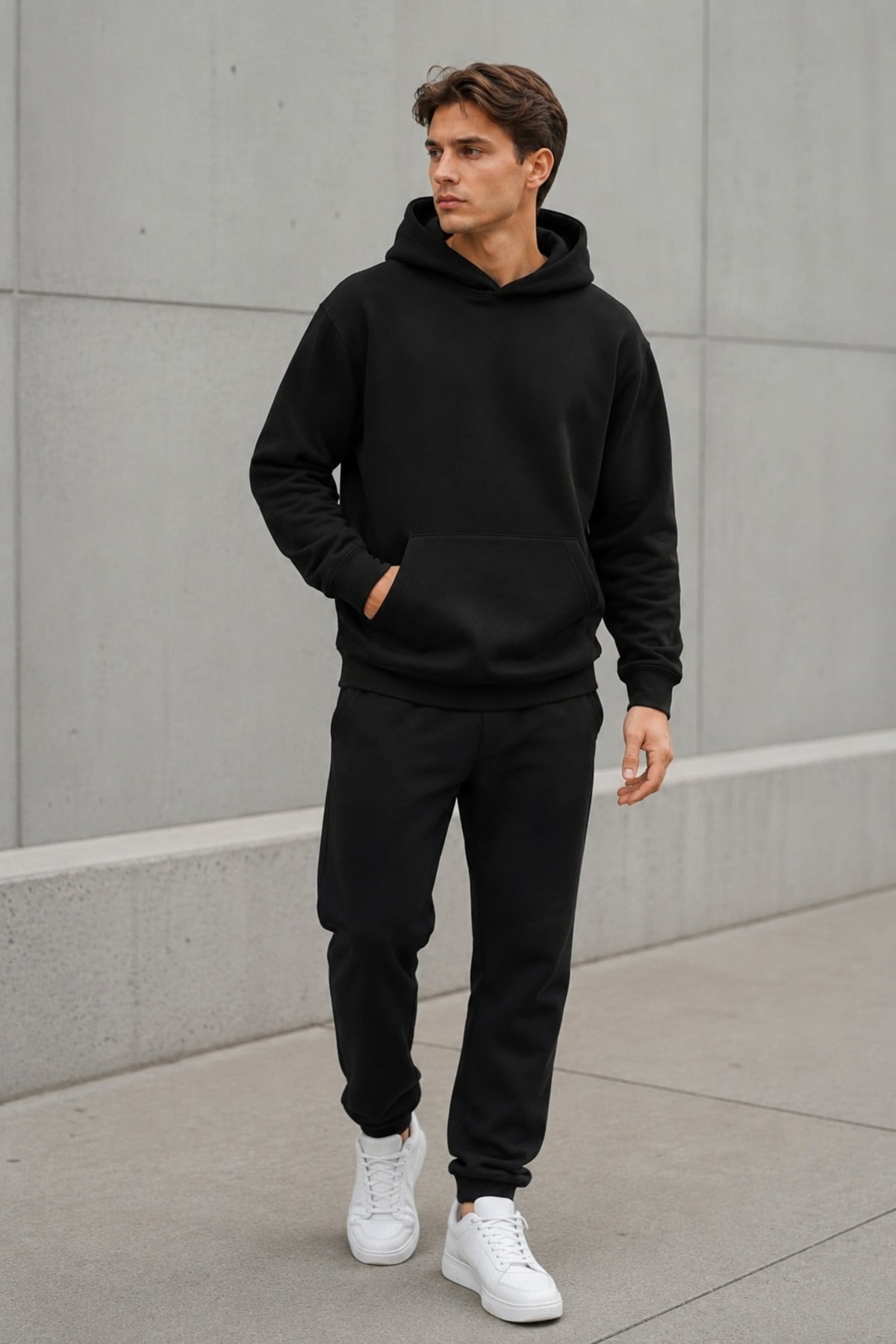 Erkek Oversize Kapüşonlu Sweatshirt Basic Hoodie Cepli - Siyah - 3