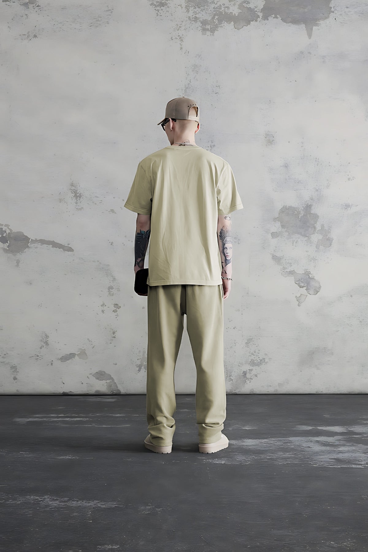 Erkek Oversize Esnek Penye Eşofman Takımı - Krem - 2