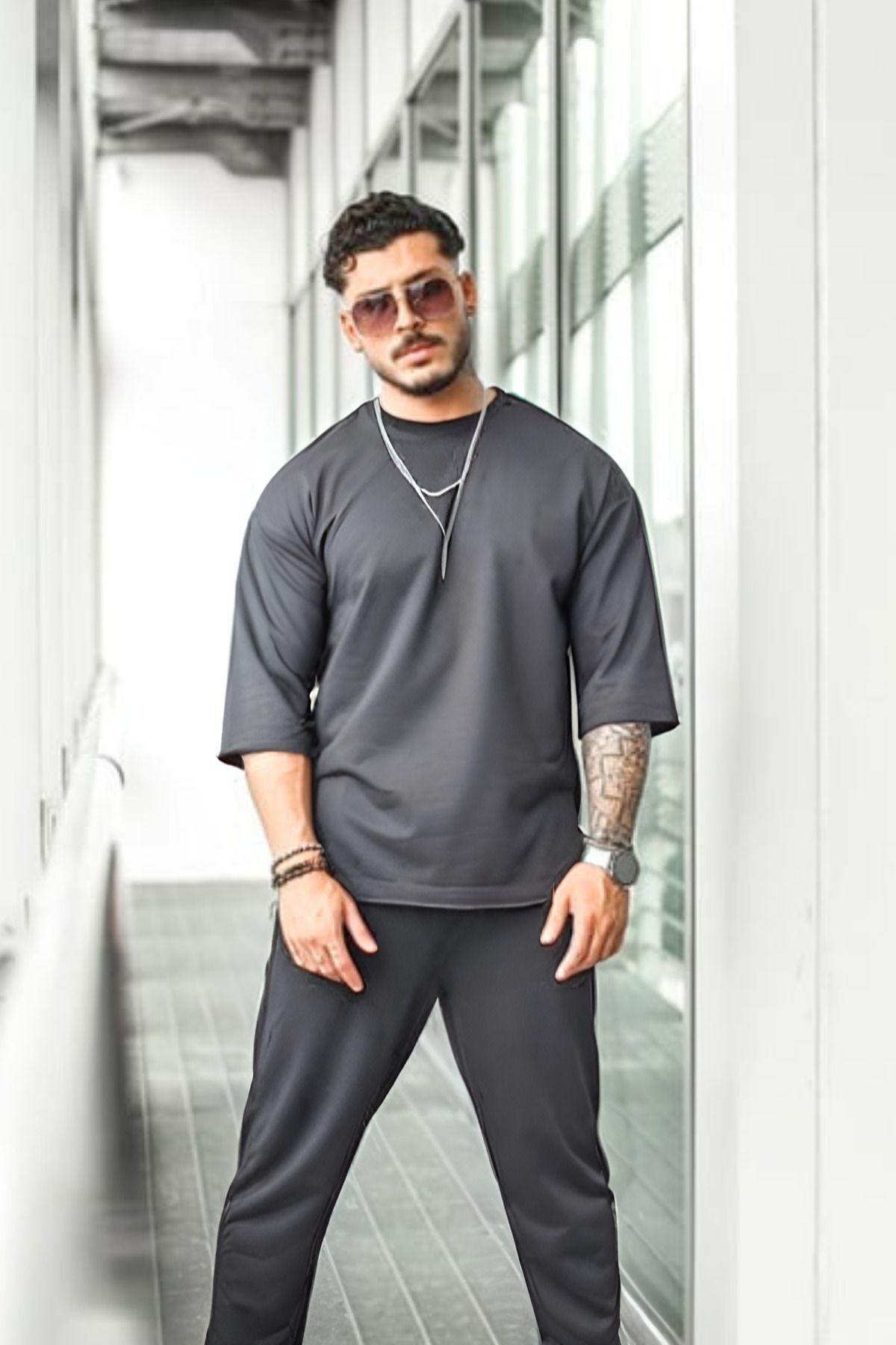 Erkek Kısa Kollu Pijama Takımı Bisiklet Yaka - Füme - 4