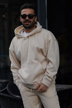 Erkek Premium Kaliteli Kışlık Hoodie Sweatshirt - Bej - 2