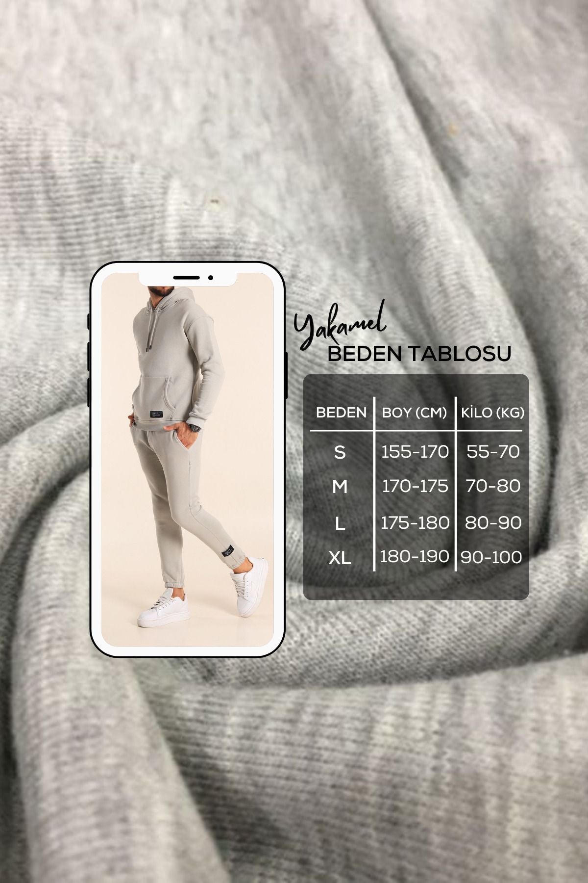 Kapüşonlu Kanguru Cepli Pamuklu Gri Erkek Eşofman Takımı - Gri - 5