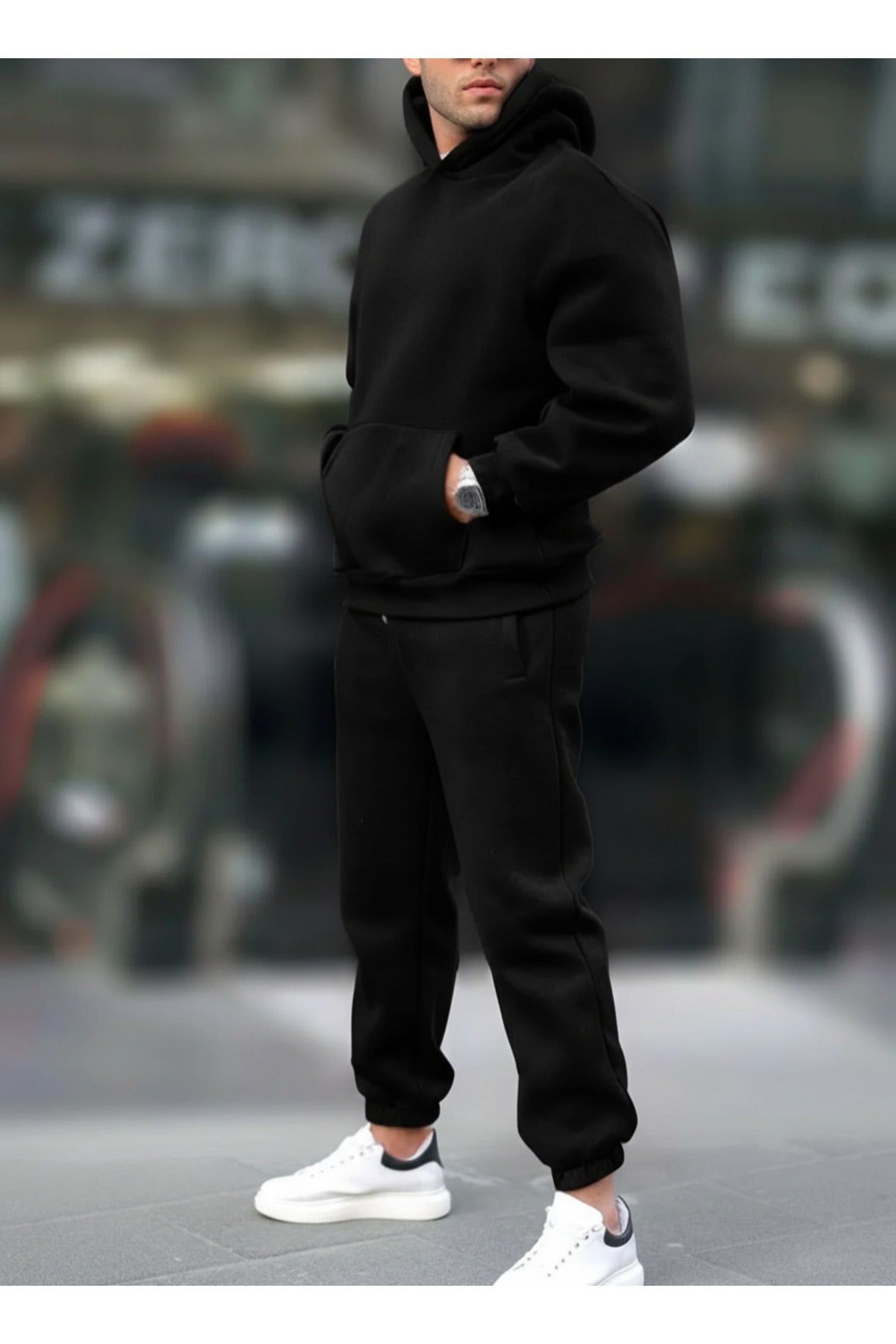 Erkek Geniş Paça Kışlık Cepli Beli Paçası Lastikli Hoodie Rahat Kesim Eşofman Takımı - Siyah - 2