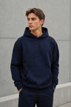 Erkek Oversize Kapüşonlu Sweatshirt Basic Hoodie Cepli - Lacivert - 2