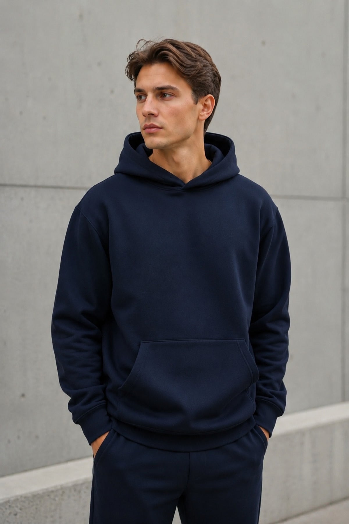 Erkek Oversize Kapüşonlu Sweatshirt Basic Hoodie Cepli - Lacivert - 2
