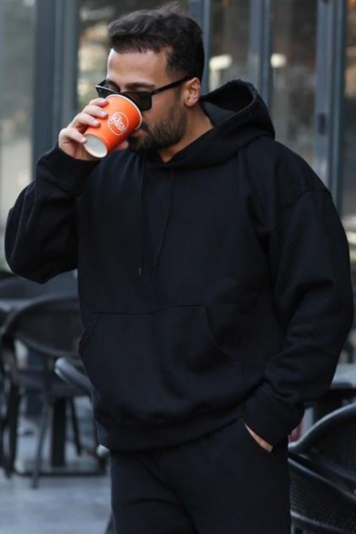 Erkek Premium Kaliteli Kışlık Hoodie Sweatshirt - Siyah - 2