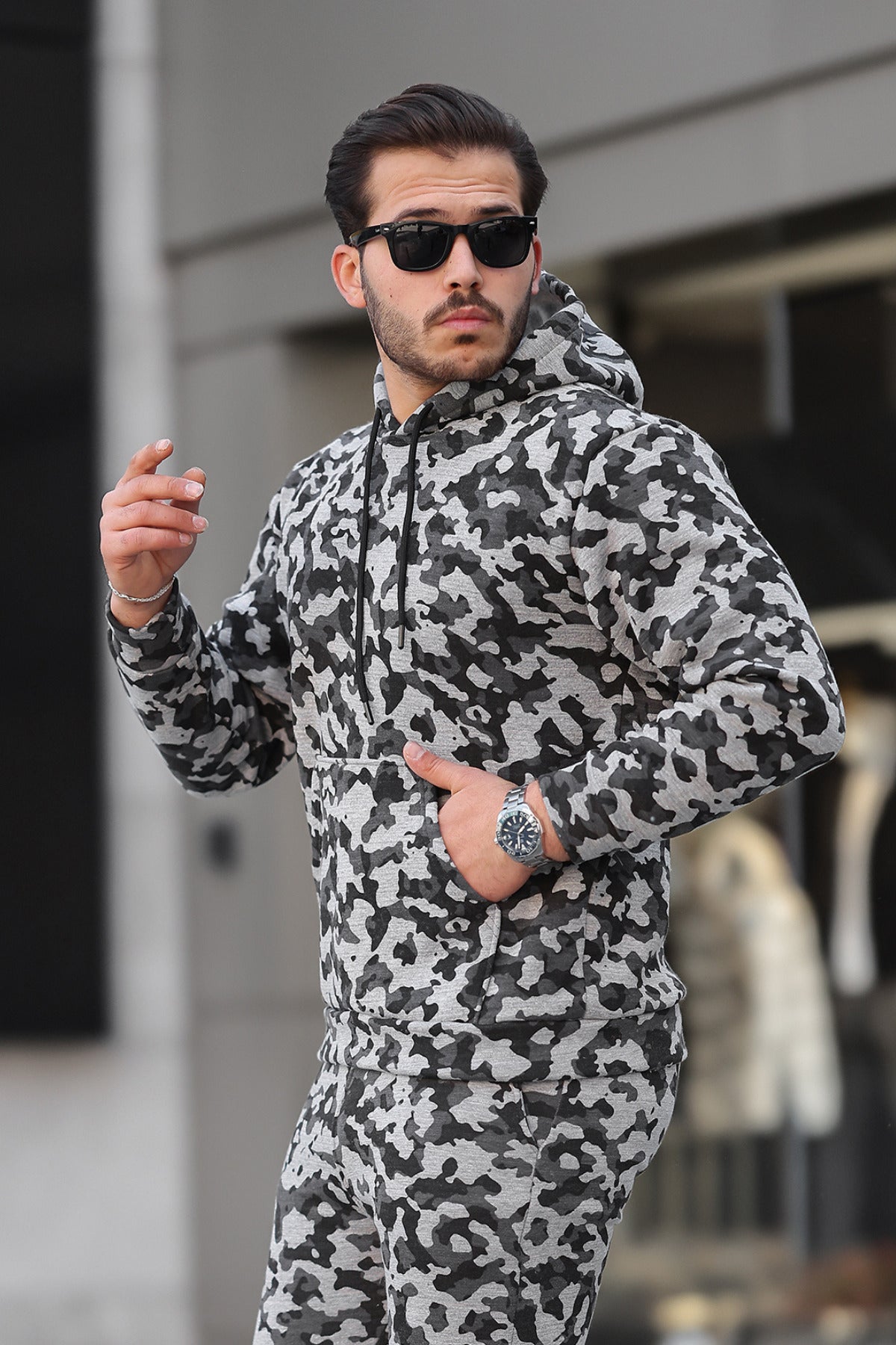 Erkek Bol Kesim Oversize 3 İ̇plik İ̇çi Pamuklu Şardonlu Kanguru Cep Kapşonlu Kışlık Hoodie Sweatshirt - Kamuflaj - 2